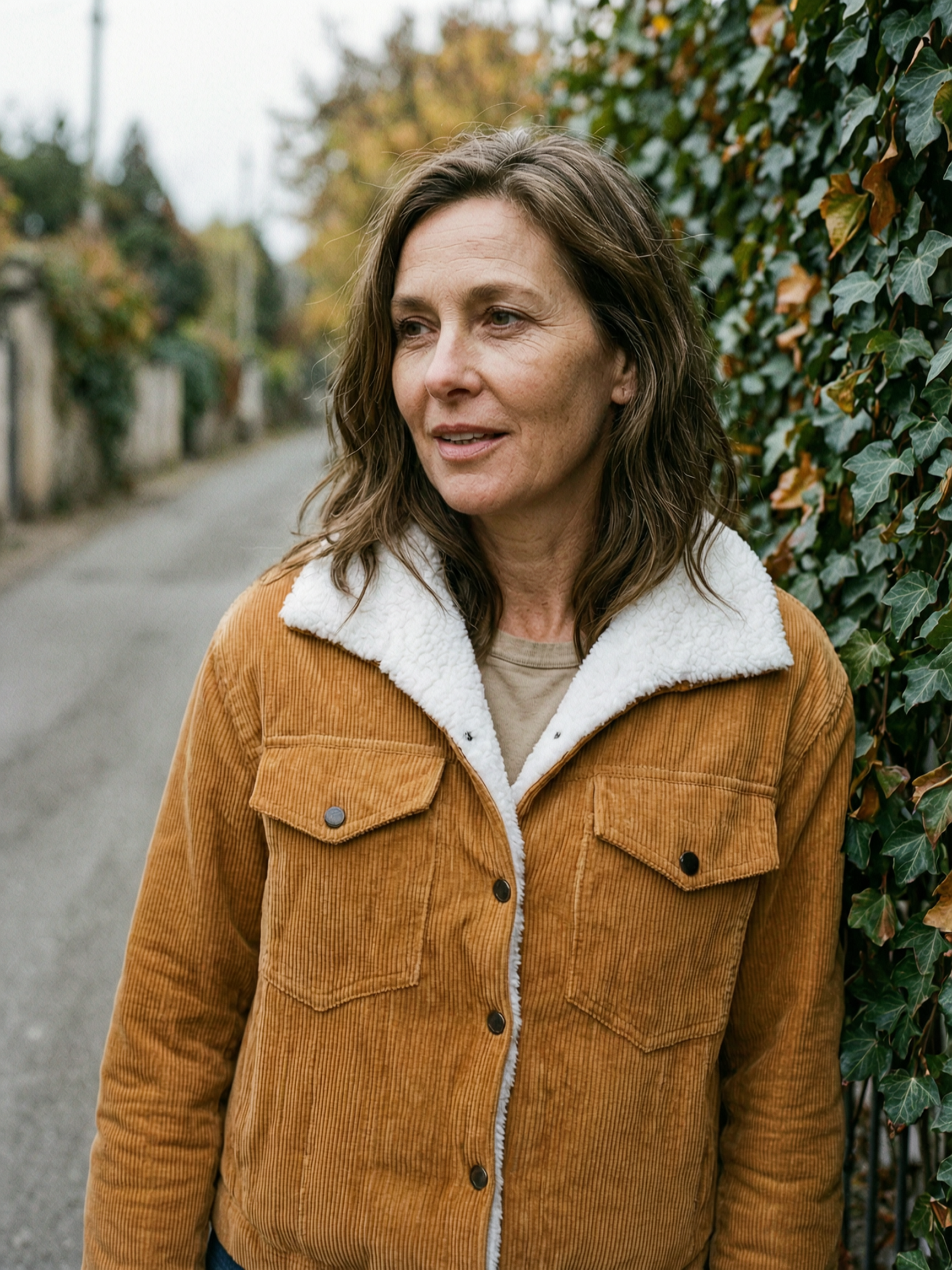 Women's Sherpa-Collar Corduroy Trucker Jacket — Fleece-Lined Shacket - Camel