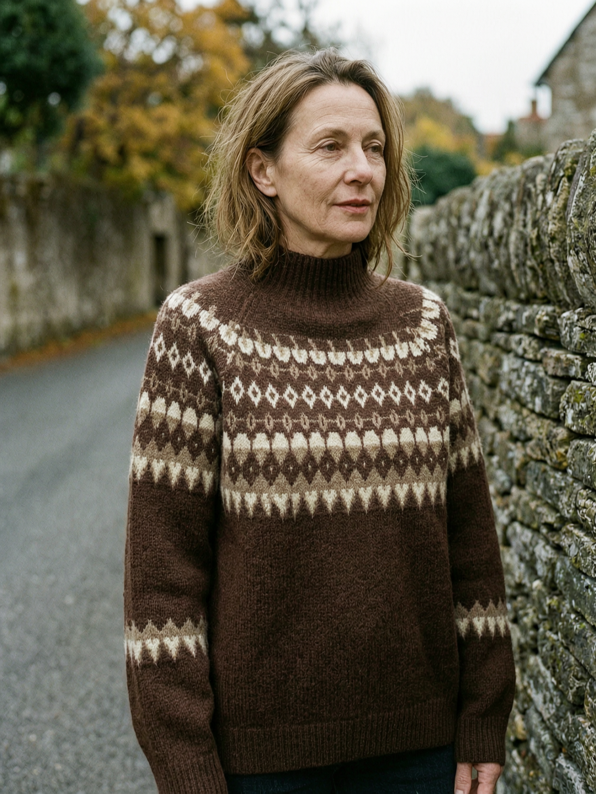 Women's Fair Isle Knit Jumper — Nordic-Pattern Wool Crew Neck Sweater - Brown