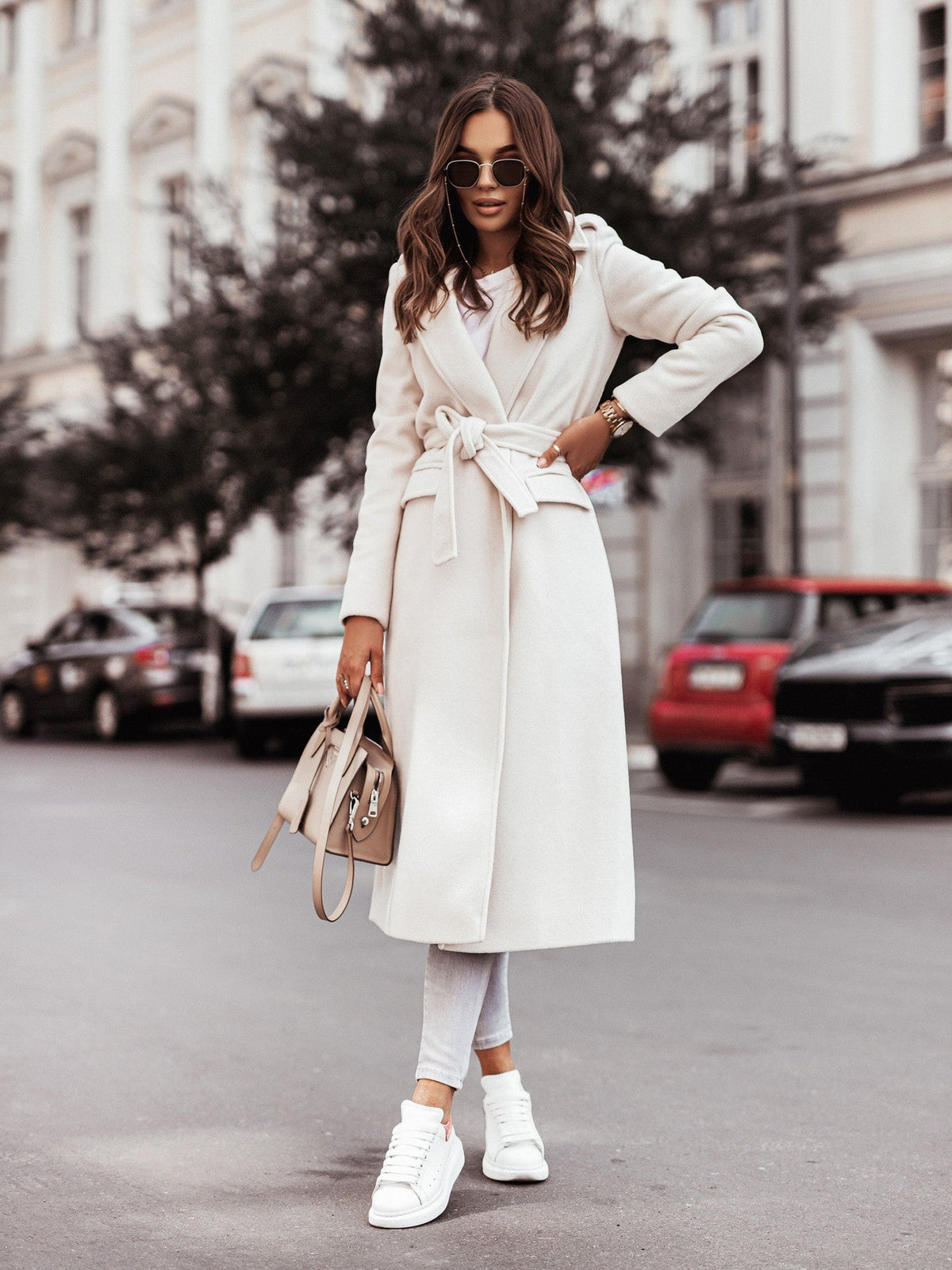 Belted Long Women's Coat in Classic Colours | E&W - 3 - Elenwear