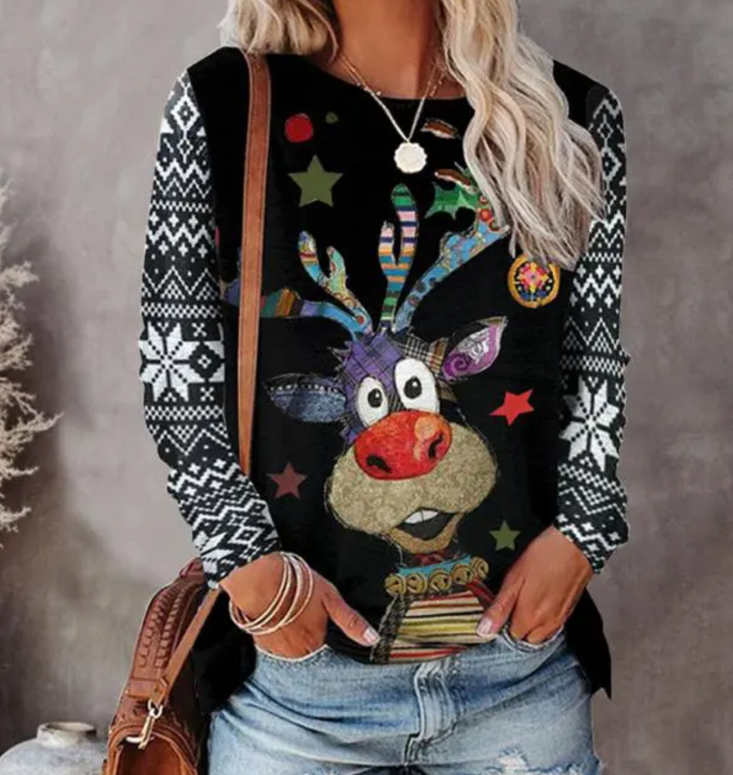 Festive Reindeer Pattern Women's Sweatshirt with Relaxed Fit | E&W - 3 - Elenwear