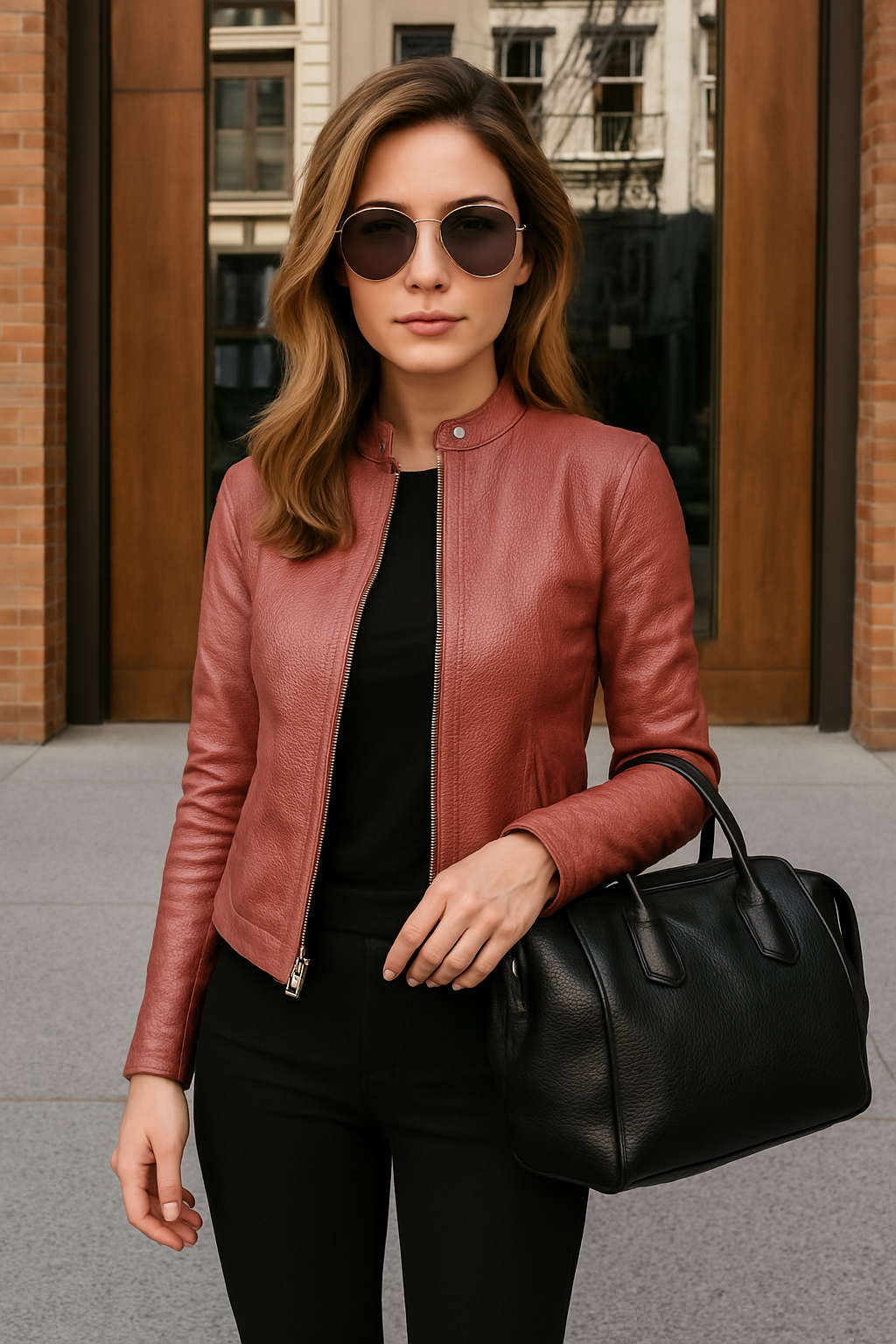 Women's Leather Look Jacket with Stand-Up Collar | E&W - 3 - Elenwear