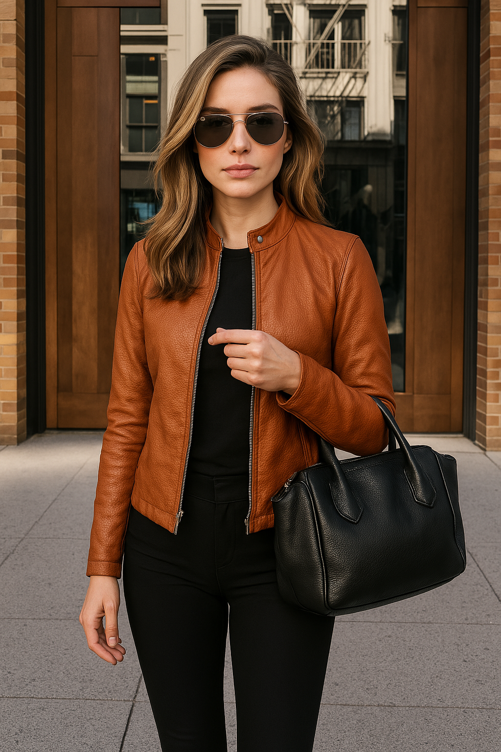 Women's Leather Look Jacket with Stand-Up Collar | E&W - 5 - Elenwear