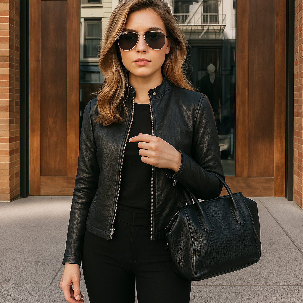 Women's Leather Look Jacket with Stand-Up Collar | E&W - 4 - Elenwear