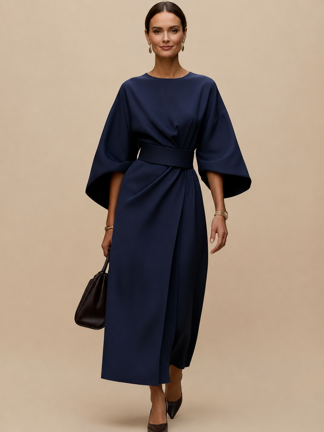 Maxi Dress Women's Elegant Draped Design with Statement Sleeves | E&W - 21 - Elenwear