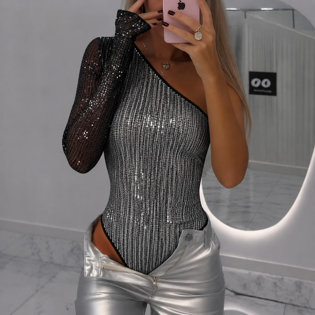 Bodysuit Women | Shimmering One-Sleeve Design | Show-Stopping Sparkle | E&W - 7 - Elenwear