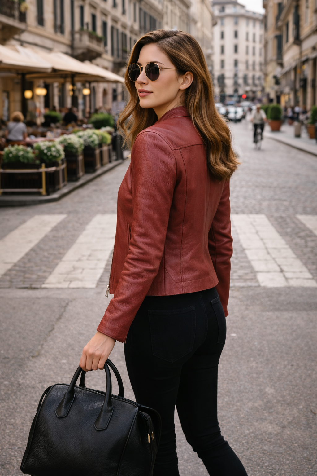 Women's Leather Look Jacket with Stand-Up Collar | E&W - 2 - Elenwear