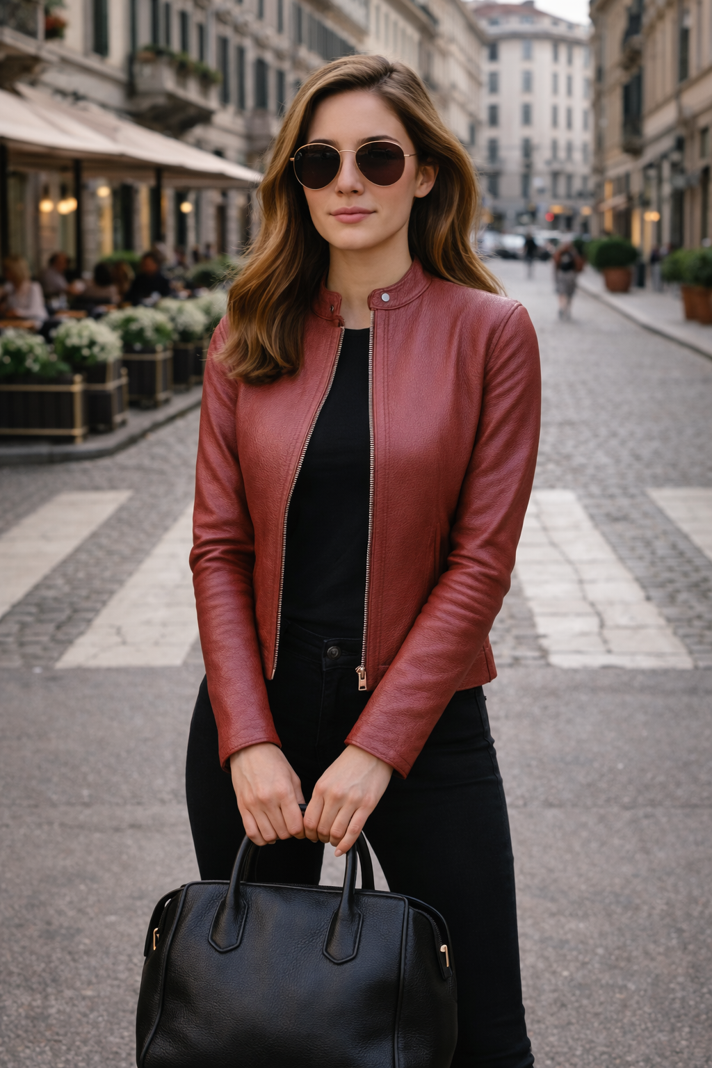 Women's Leather Look Jacket with Stand-Up Collar | E&W - 1 - Elenwear