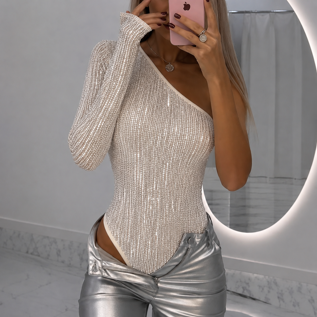 Bodysuit Women | Shimmering One-Sleeve Design | Show-Stopping Sparkle | E&W - 1 - Elenwear