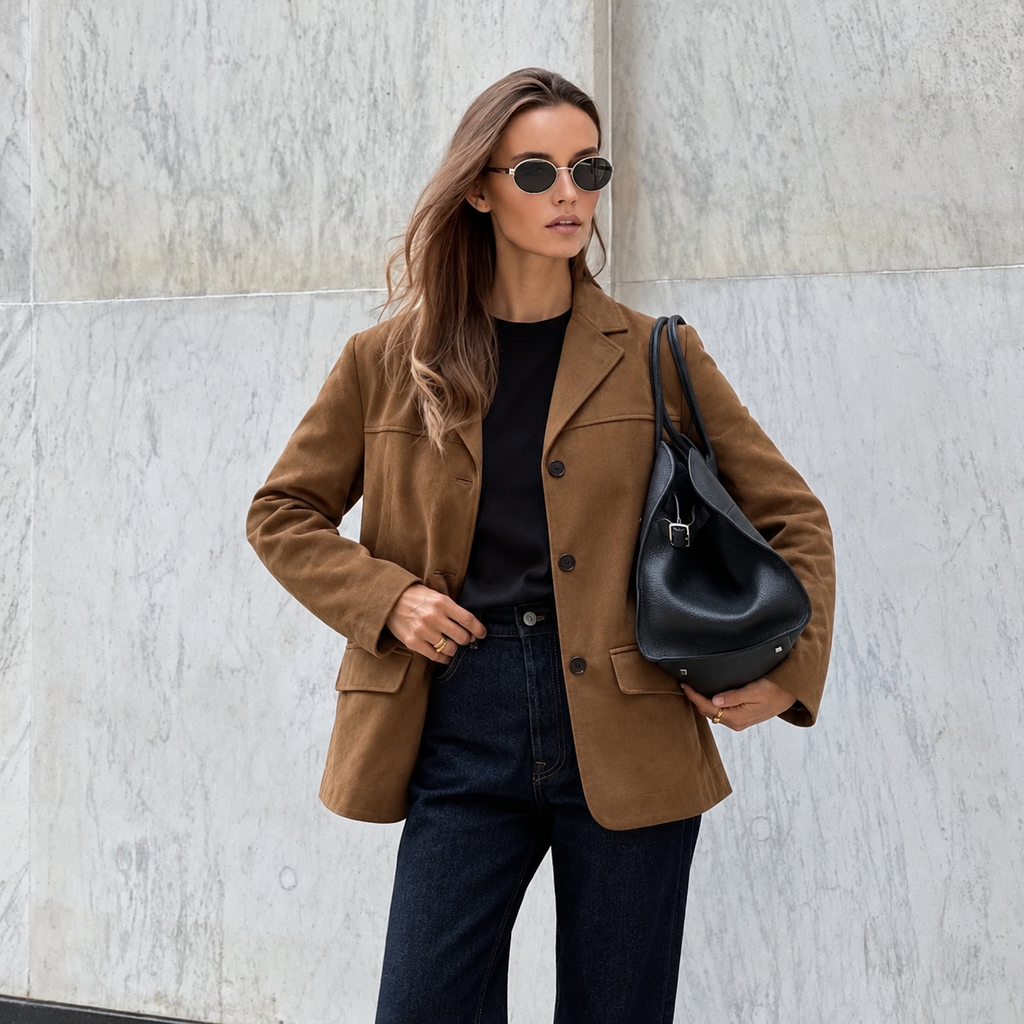 Women’s Suede Effect Jacket with Tailored Fit and Pockets | E&W - 7 - Elenwear