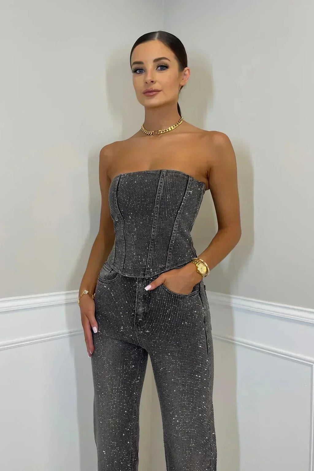 Strapless Jumpsuit for Women in Chic Sparkling Fabric | E&W - 4 - Elenwear