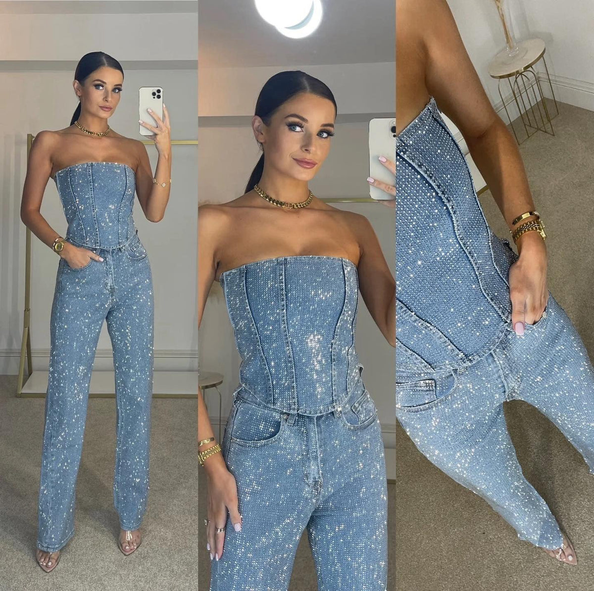 Strapless Jumpsuit for Women in Chic Sparkling Fabric | E&W - 2 - Elenwear