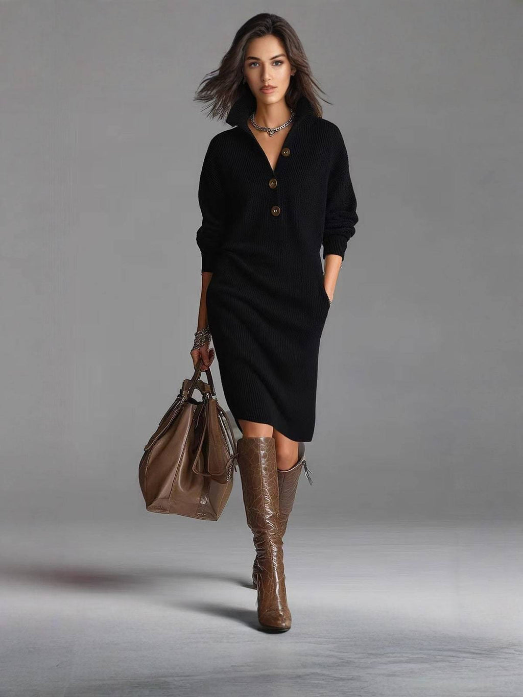 Knit Dress Women with Collar and Button Accents | E&W - 1 - Elenwear