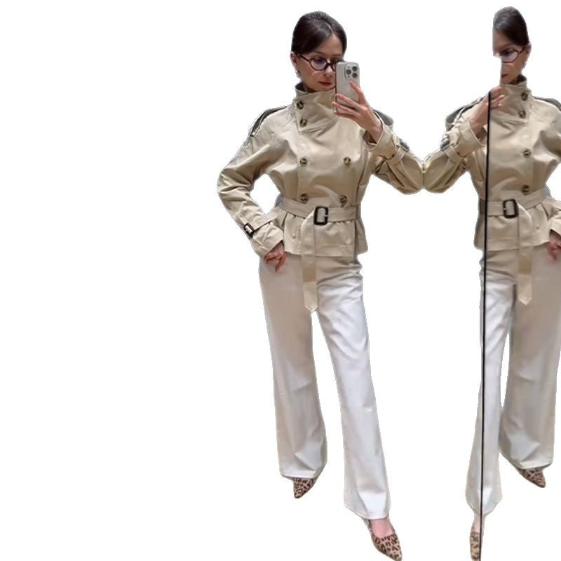 Belted Women's Short Trench Coat in Classic Beige | E&W - 5 - Elenwear