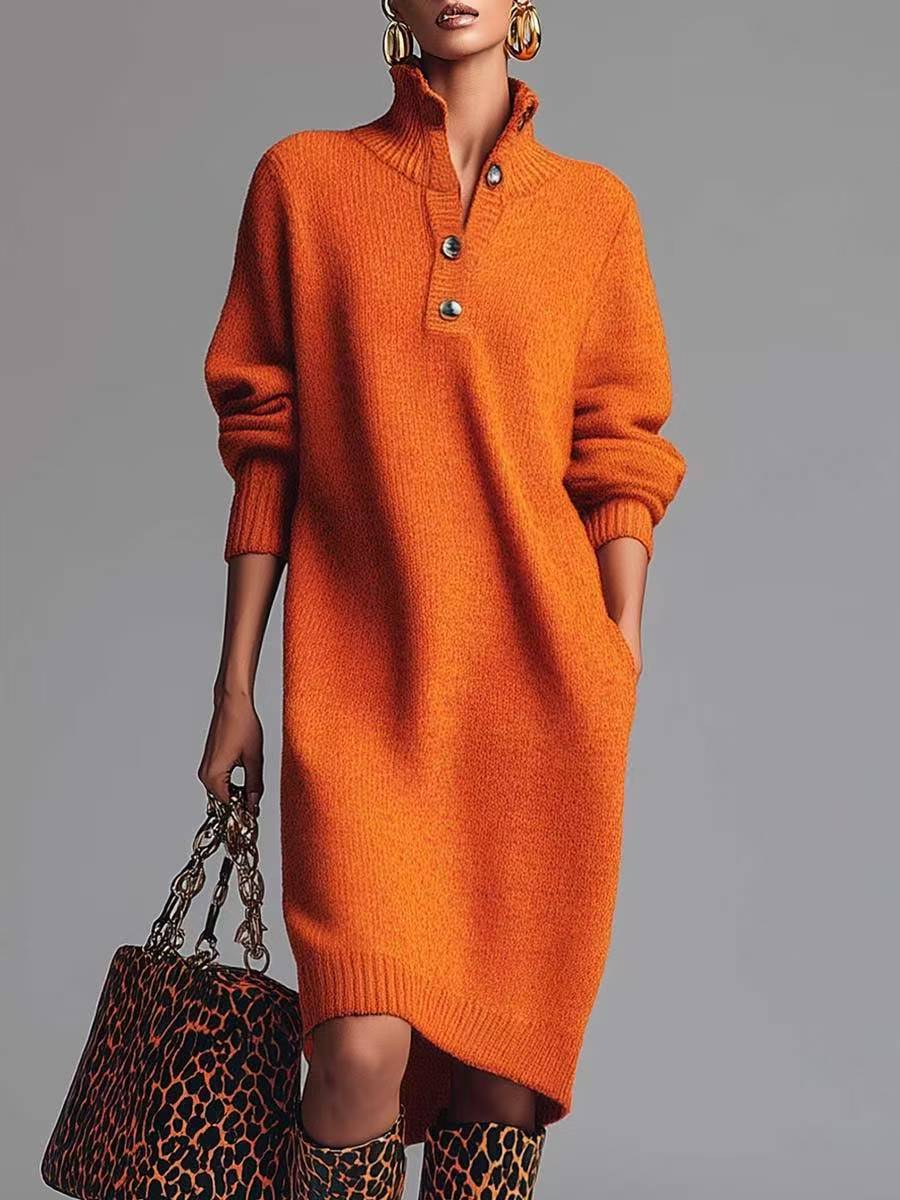 Knit Dress Women with Collar and Button Accents | E&W - 5 - Elenwear