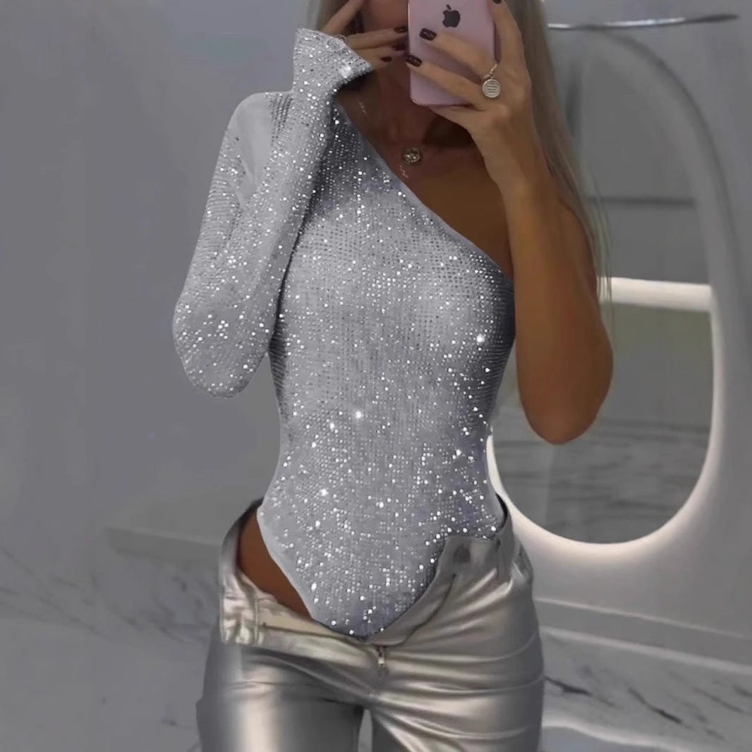Bodysuit Women | Shimmering One-Sleeve Design | Show-Stopping Sparkle | E&W - 2 - Elenwear