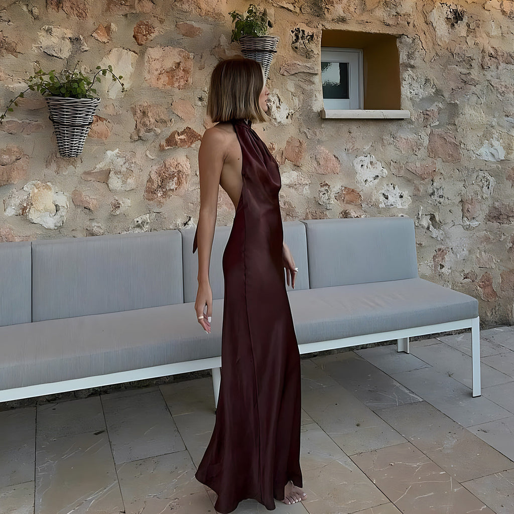 Maxi Dress Women Open Back Satin Look Tie Waist | E&W - 1 - Elenwear