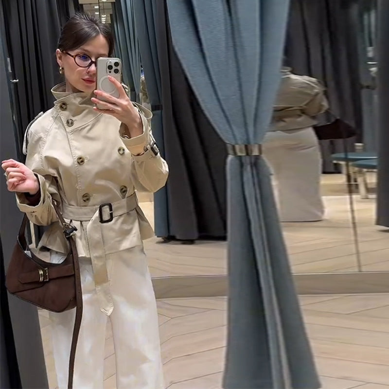 Belted Women's Short Trench Coat in Classic Beige | E&W - 4 - Elenwear