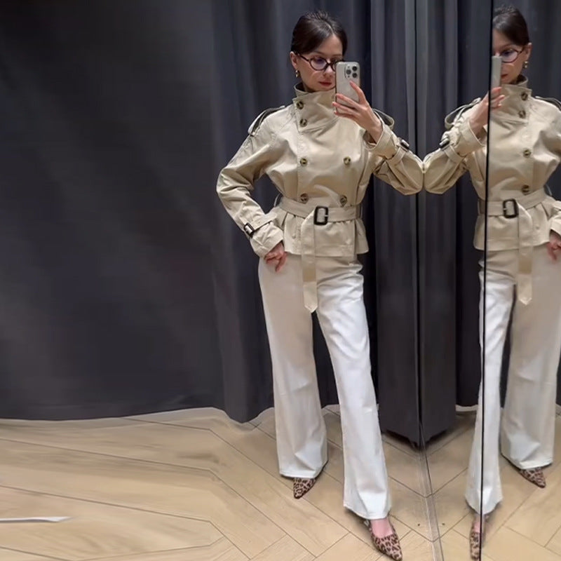 Belted Women's Short Trench Coat in Classic Beige | E&W - 3 - Elenwear