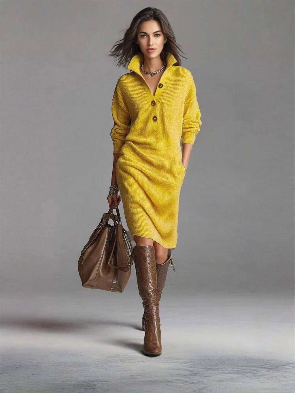 Knit Dress Women with Collar and Button Accents | E&W - 4 - Elenwear