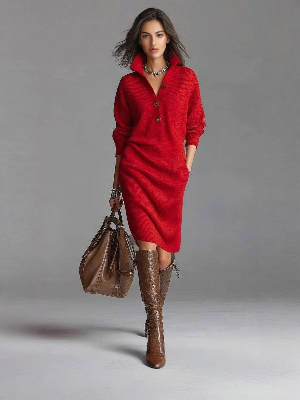 Knit Dress Women with Collar and Button Accents | E&W - 3 - Elenwear