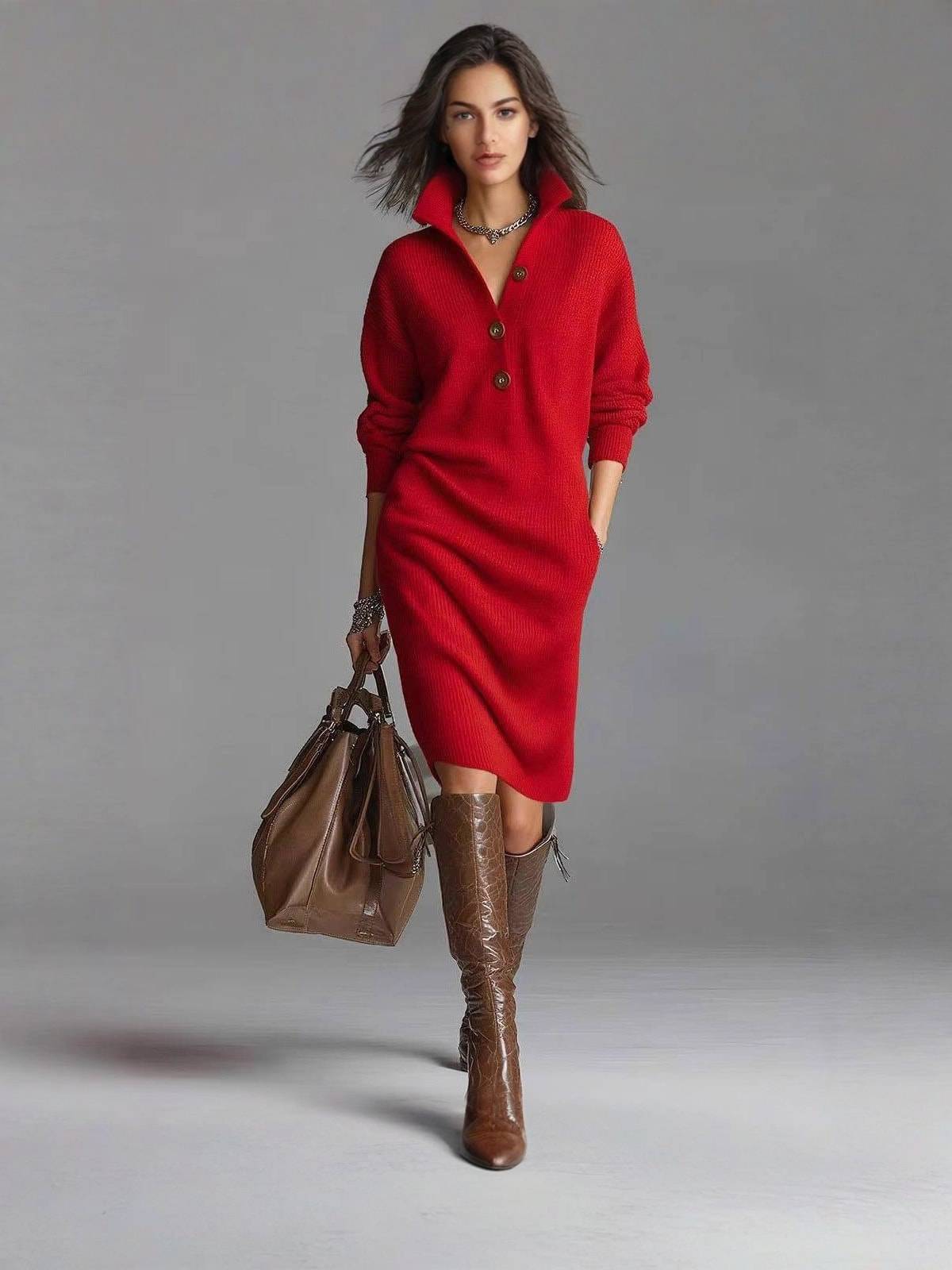Knit Dress Women with Collar and Button Accents | E&W - 3 - Elenwear