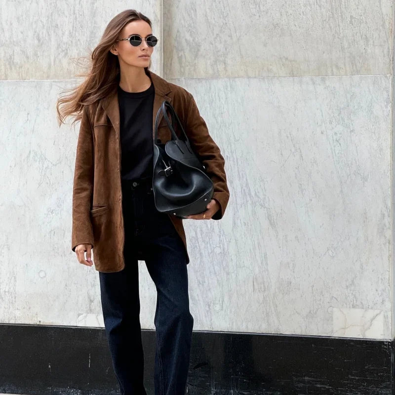 Women’s Suede Effect Jacket with Tailored Fit and Pockets | E&W - 3 - Elenwear
