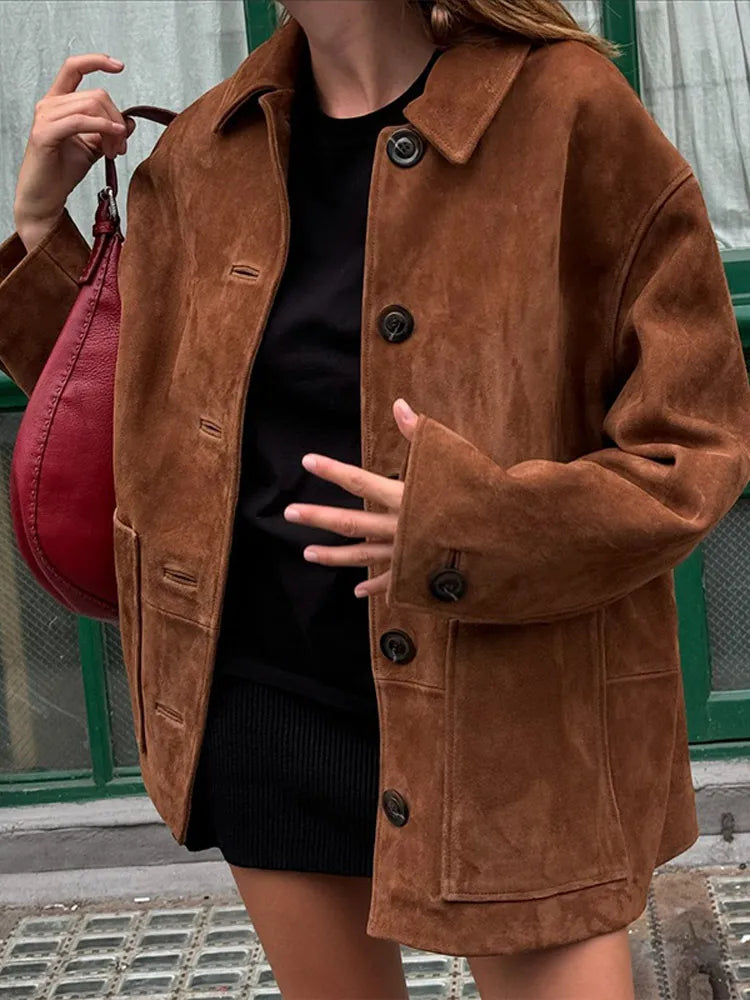Oversized Suede Jacket for Women with Functional Pockets | E&W - 1 - Elenwear