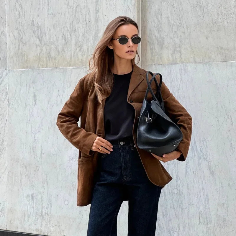 Women’s Suede Effect Jacket with Tailored Fit and Pockets | E&W - 1 - Elenwear
