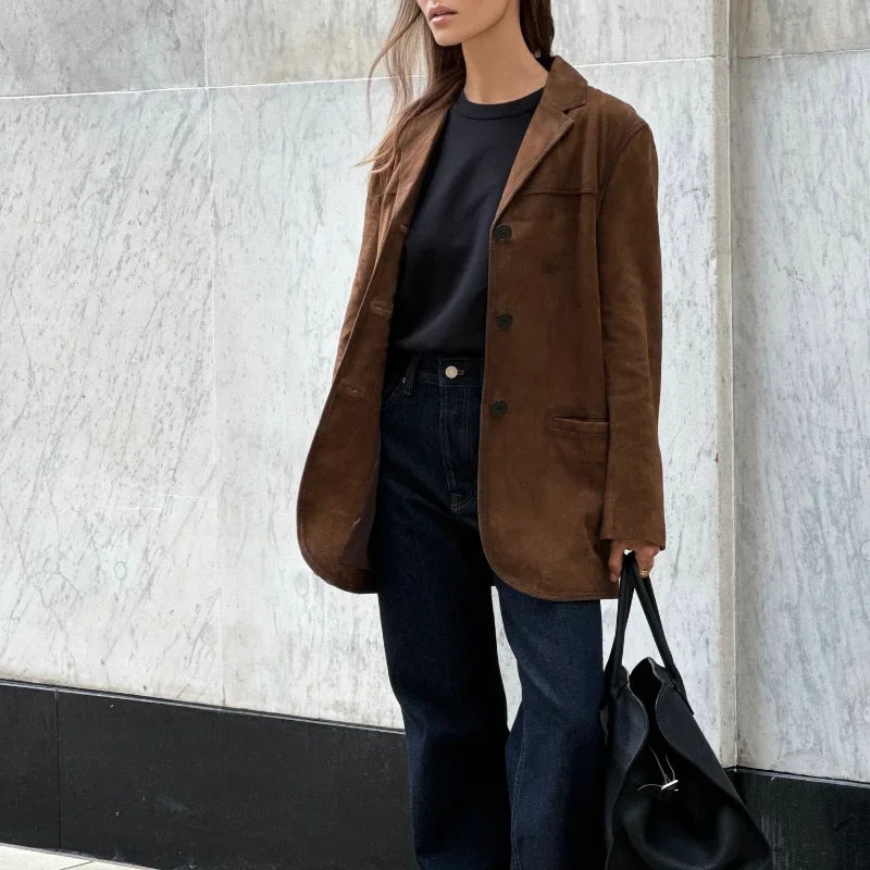 Women’s Suede Effect Jacket with Tailored Fit and Pockets | E&W - 2 - Elenwear