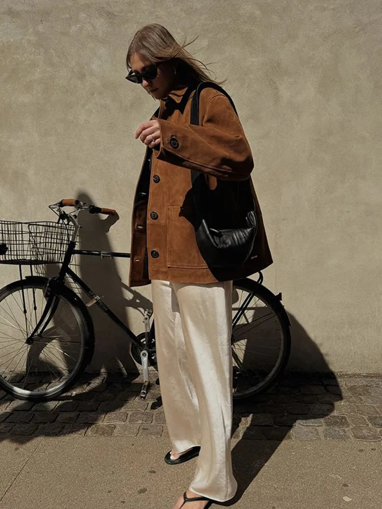 Oversized Suede Jacket for Women with Functional Pockets | E&W - 6 - Elenwear