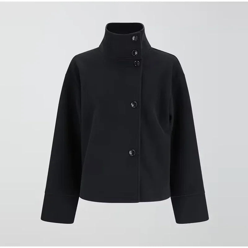 Women's Relaxed Fit Jacket with High Collar and Button Detail | E&W - 11 - Elenwear