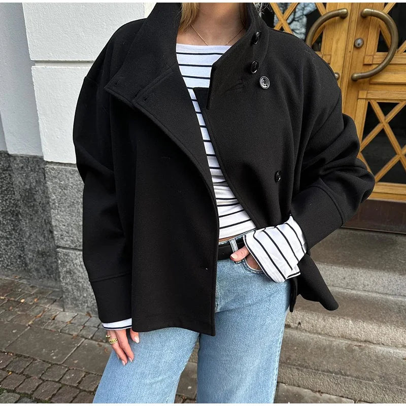 Women's Relaxed Fit Jacket with High Collar and Button Detail | E&W - 10 - Elenwear