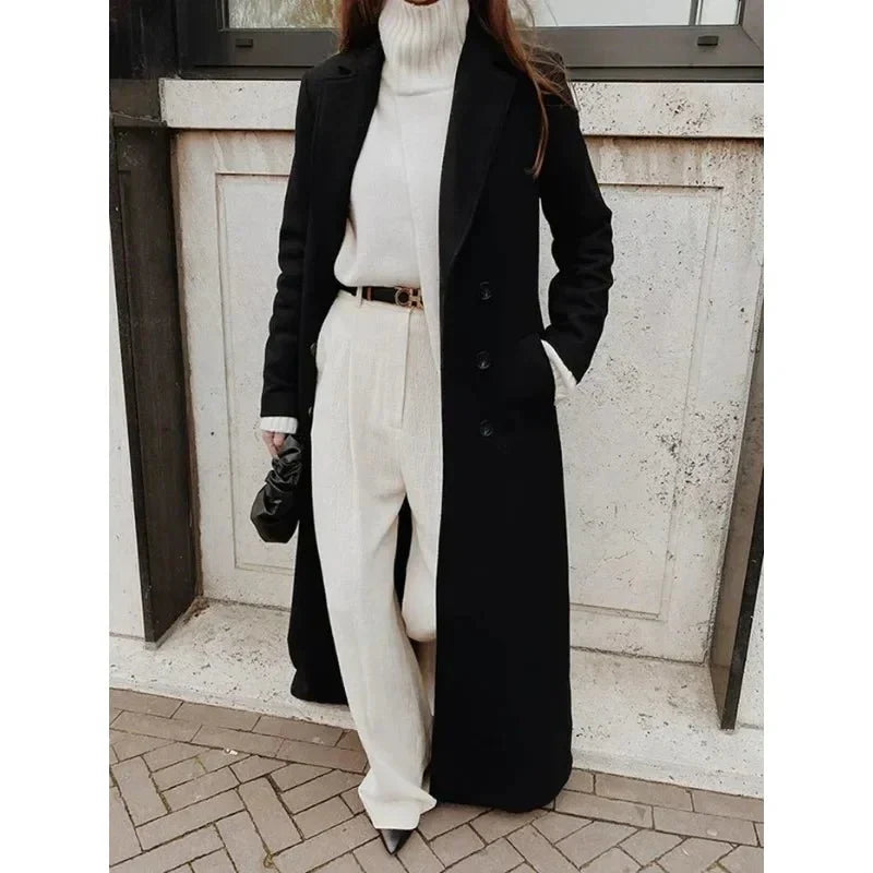 Long Black Trench Coat Women's Elegant Tailored Design | E&W - 2 - Elenwear