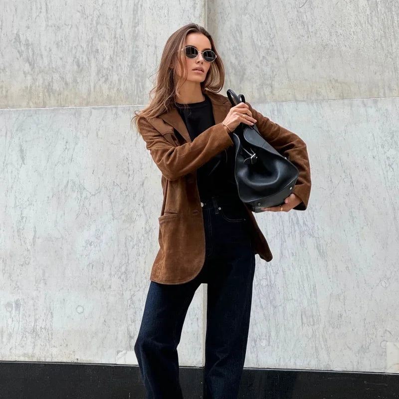 Women’s Suede Effect Jacket with Tailored Fit and Pockets | E&W - 4 - Elenwear