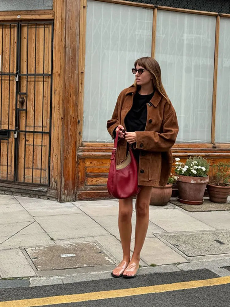 Oversized Suede Jacket for Women with Functional Pockets | E&W - 3 - Elenwear