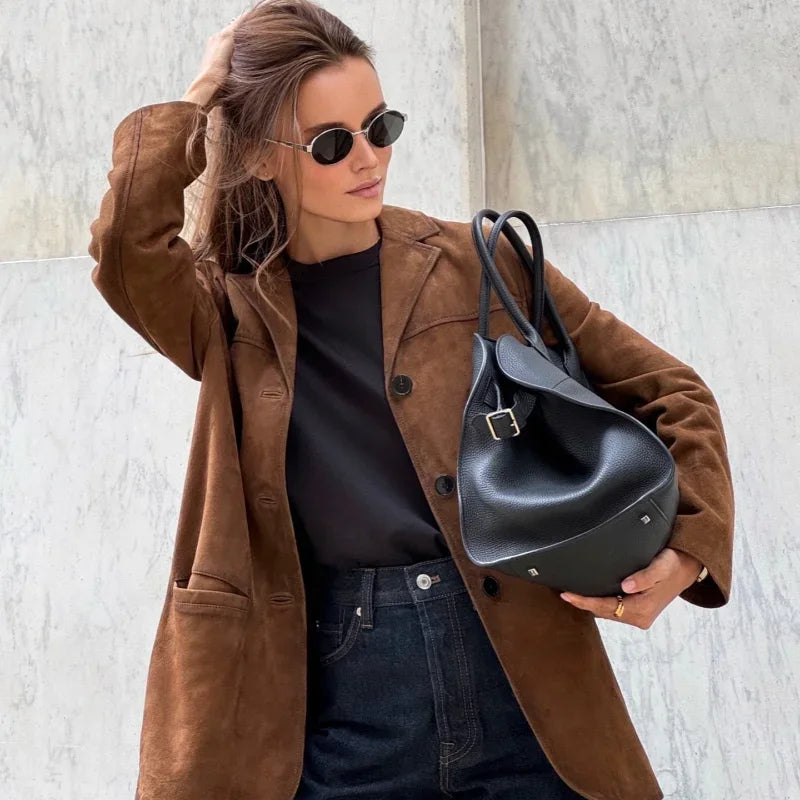 Women’s Suede Effect Jacket with Tailored Fit and Pockets | E&W - 5 - Elenwear