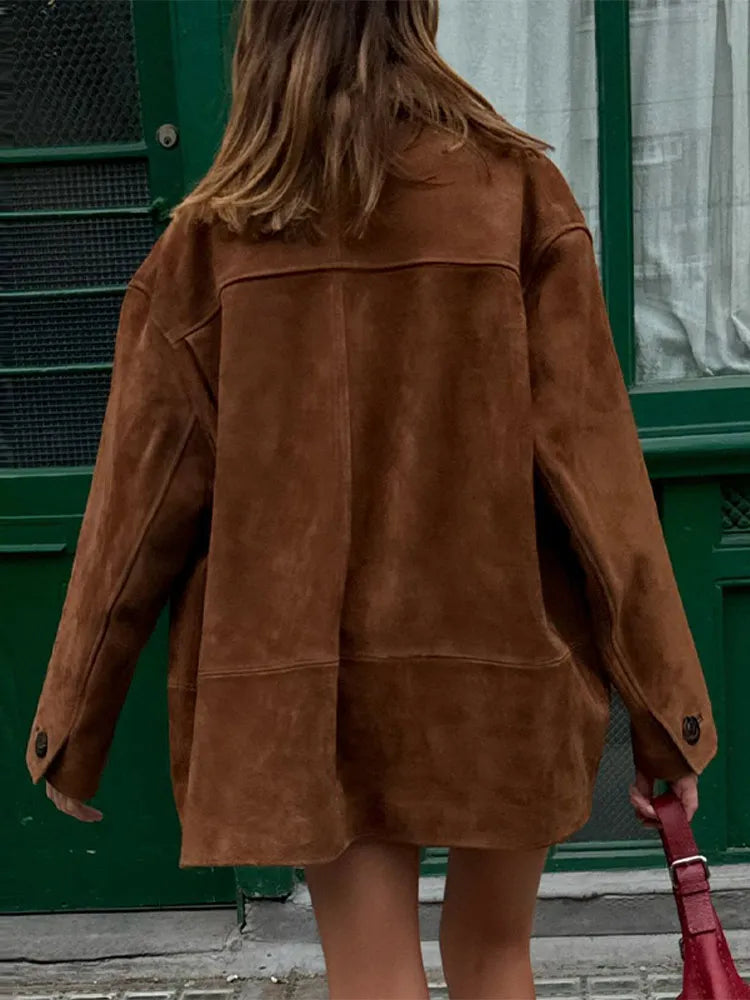 Oversized Suede Jacket for Women with Functional Pockets | E&W - 4 - Elenwear