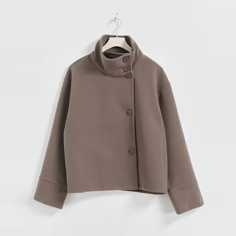 Women's Relaxed Fit Jacket with High Collar and Button Detail | E&W - 12 - Elenwear