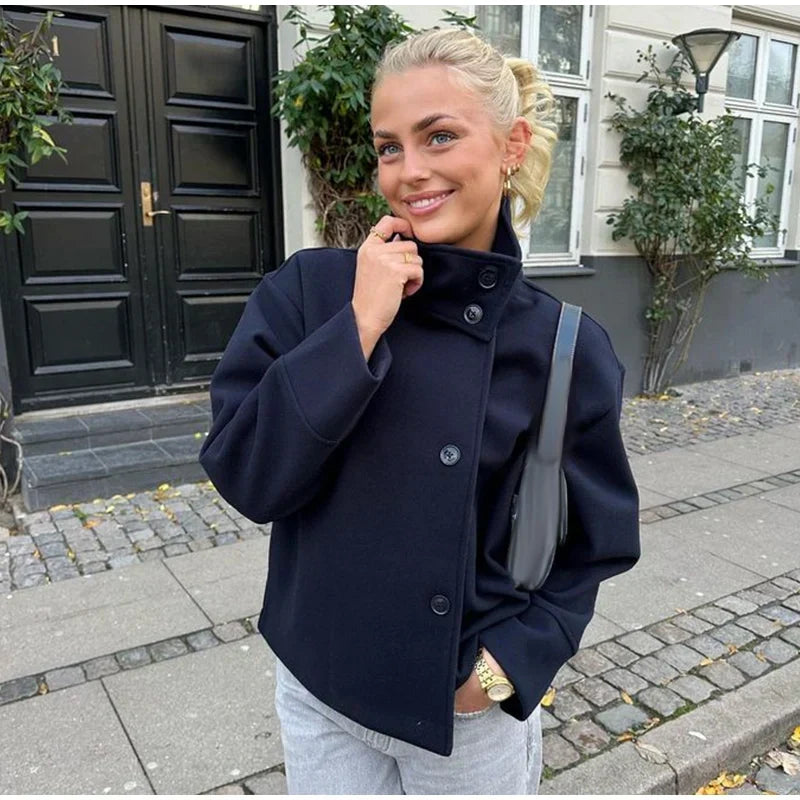 Women's Relaxed Fit Jacket with High Collar and Button Detail | E&W - 7 - Elenwear