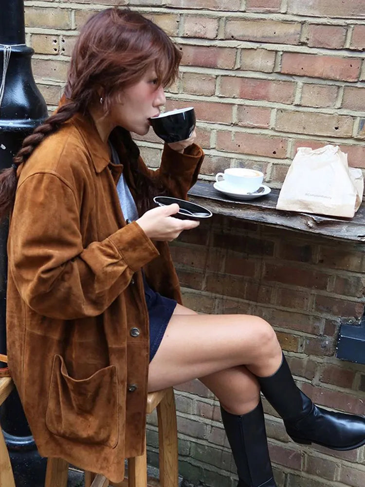 Oversized Suede Jacket for Women with Functional Pockets | E&W - 5 - Elenwear