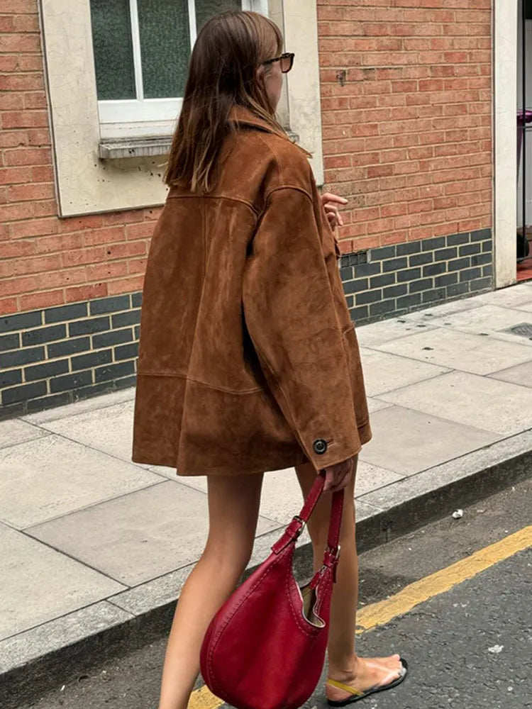 Oversized Suede Jacket for Women with Functional Pockets | E&W - 2 - Elenwear