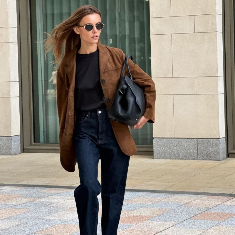 Women’s Suede Effect Jacket with Tailored Fit and Pockets | E&W - 6 - Elenwear