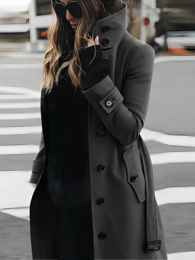Women's Elegant Trench Coat with High Collar and Button Front | E&W - 2 - Elenwear