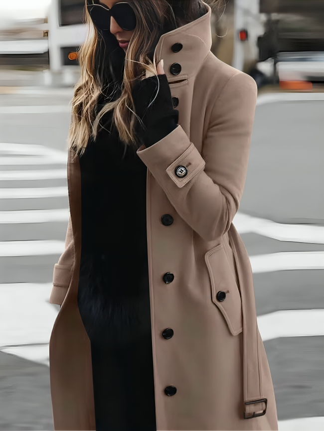 Women's Elegant Trench Coat with High Collar and Button Front | E&W - 1 - Elenwear