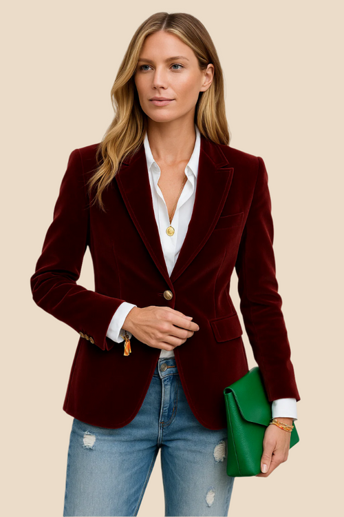 Blazer Women Velvet Look Tailored Fit with Notched Lapel | E&W - 1 - Elenwear