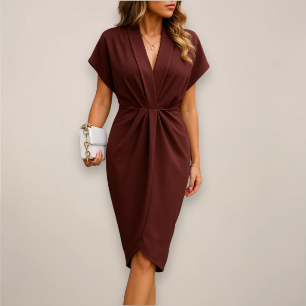 Midi Dress Women | Soft Draping Design with Flattering V-Neck | E&W - 5 - Elenwear