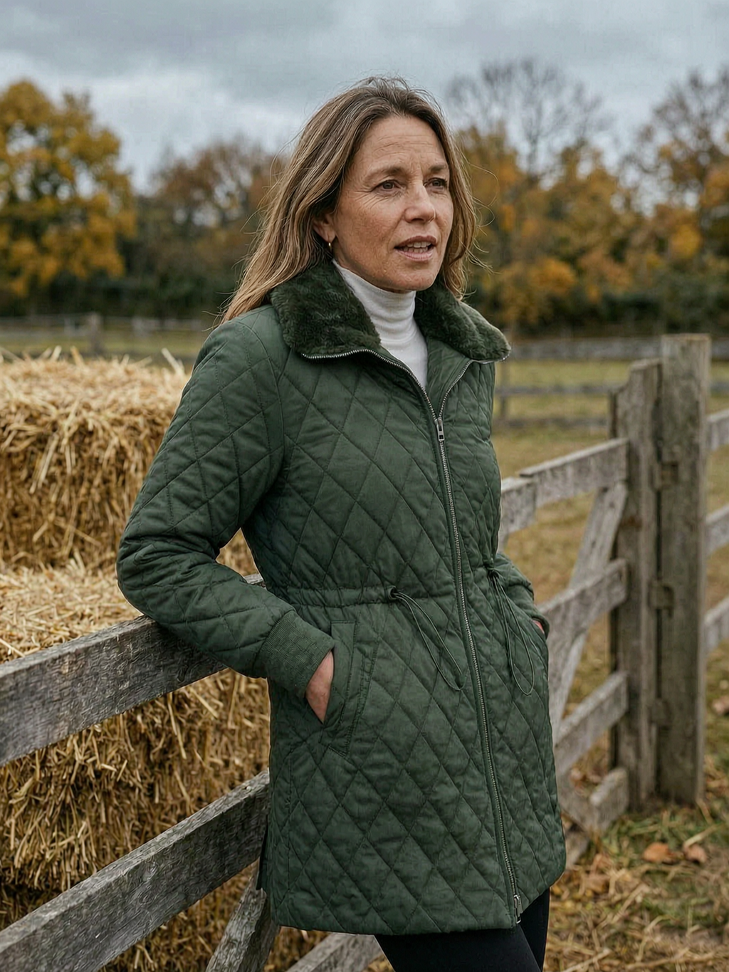 Diamond-Quilted Waist-Cinch Coat with Faux Fur Collar - Army Green