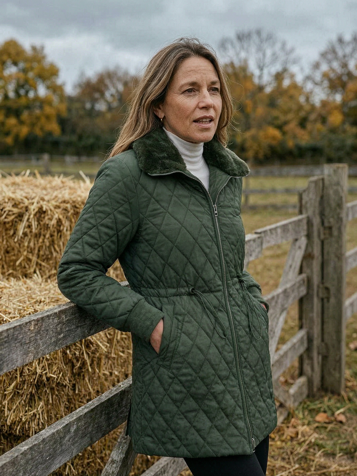 Diamond-Quilted Waist-Cinch Coat with Faux Fur Collar - Army Green