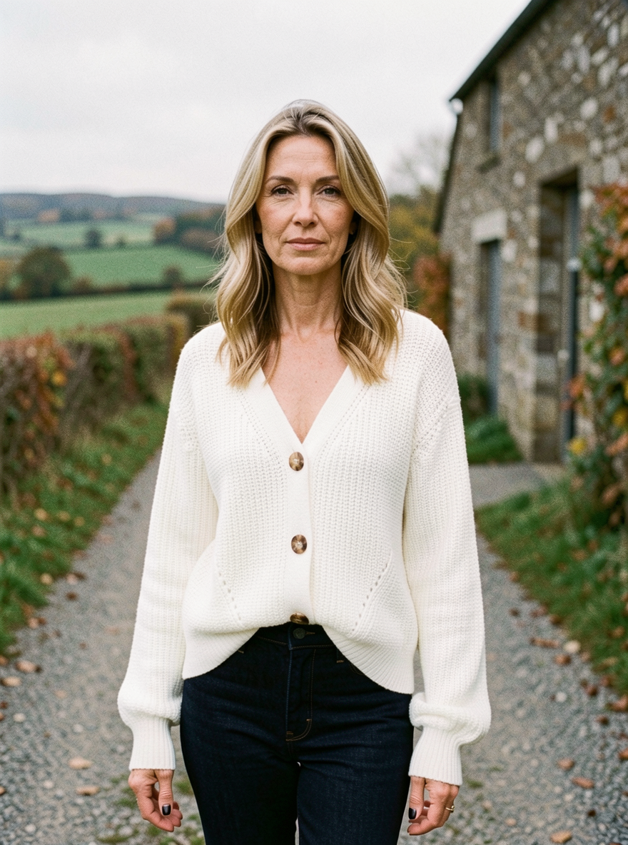 V-Neck Cropped Cardigan — Wood-Button Knit - White