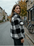 Women's Buffalo Check Fleece Jacket — Soft Plaid Zip-Up Mid-Layer - Black and White Plaid